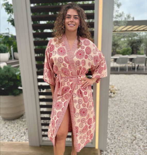 Peignoir kimono femme long Balyy Batik Aztec Red